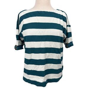 J. Jill Women's Teal & White Striped Cotton T-Shirt Size M Casual Top Loose Fit